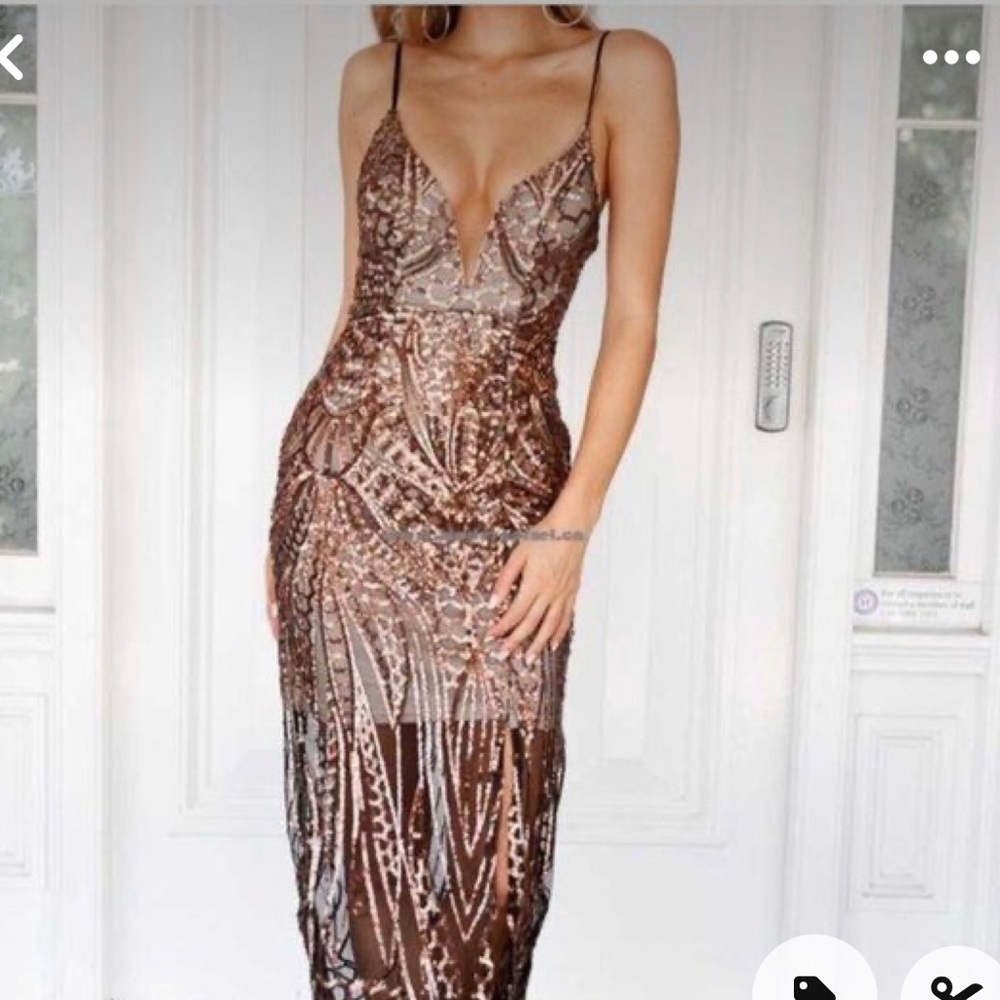 Copper sequin and black event dress! With beige underlay